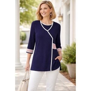 Misoook V‎ Neck Top 3/4 Sleeve Acrylic Tunic Navy Red White Stripe Womens Sz SM